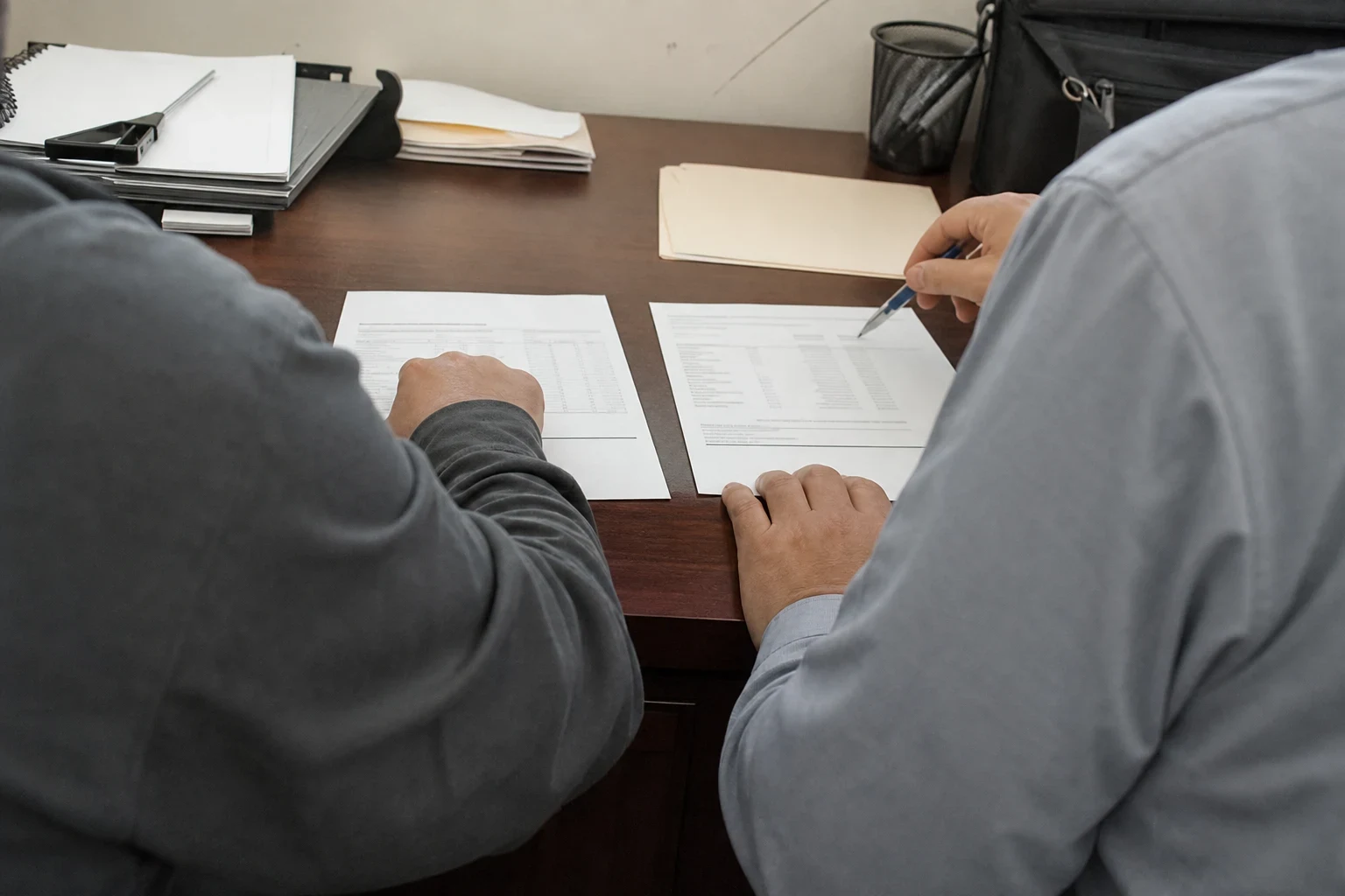 Two people seen from behind at a wooden office desk, comparing two printed documents laid side by side while one points with a pen