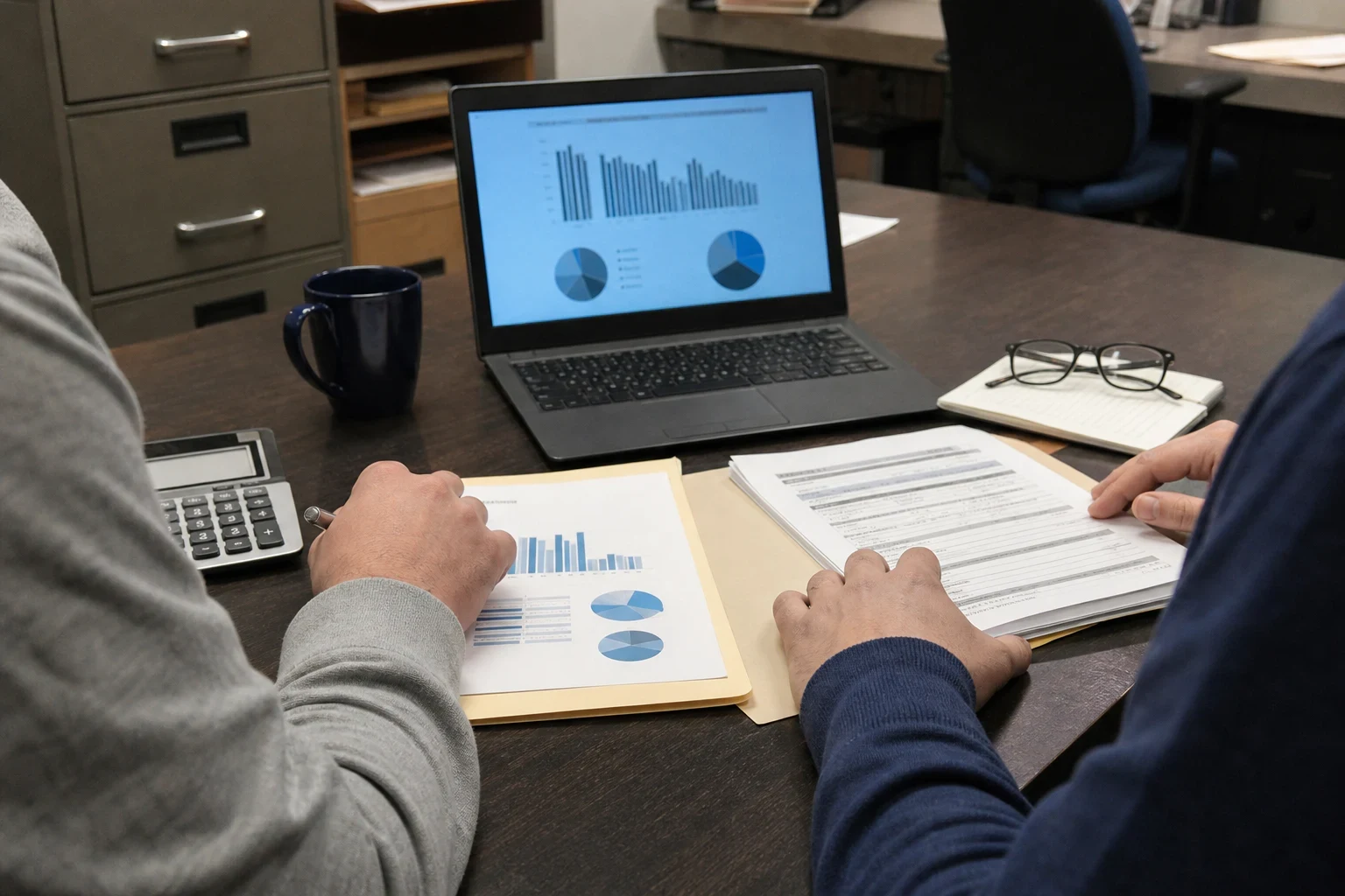 Two people at a dark wood office desk reviewing retirement charts and documents beside a laptop, calculator, coffee mug and glasses, with a filing cabinet behind