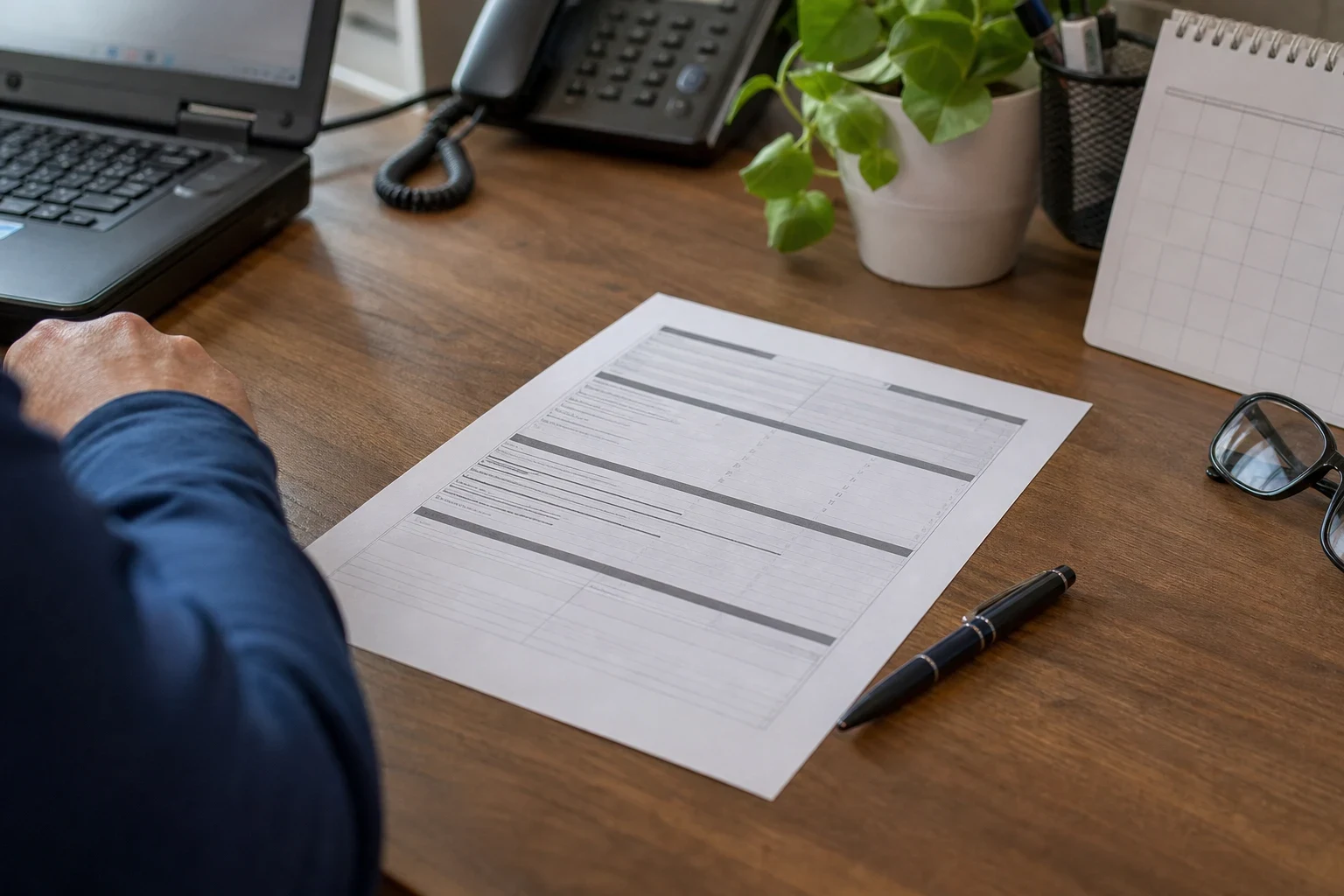 Printed policy form on a wooden office desk with a pen beside it, a person's arm at left, a laptop, desk phone, potted plant, desk calendar and reading glasses