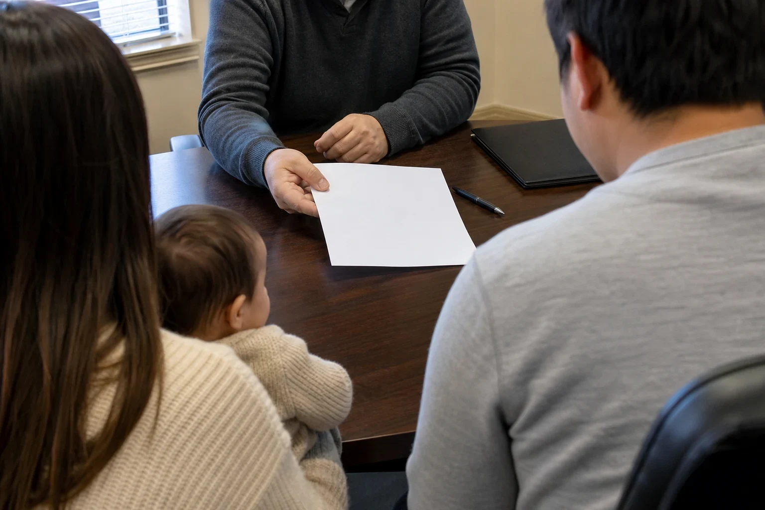 Agent in a gray sweater slides a blank sheet of paper across a wooden office desk to a couple seen from behind, the woman holding a baby