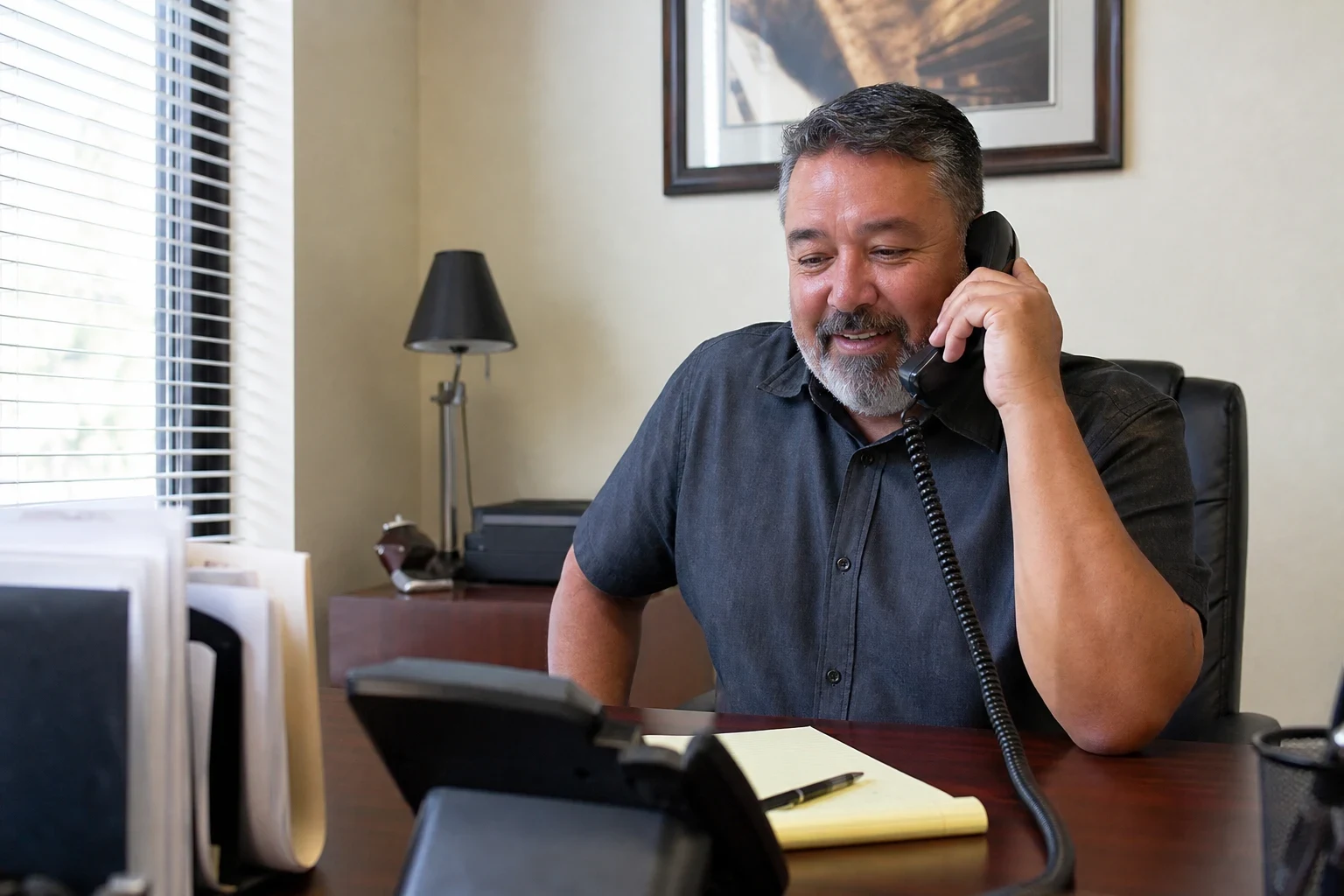 Smiling agent with a gray beard talks on a corded desk phone at a wooden desk with a yellow notepad and pen, window blinds and framed art behind him