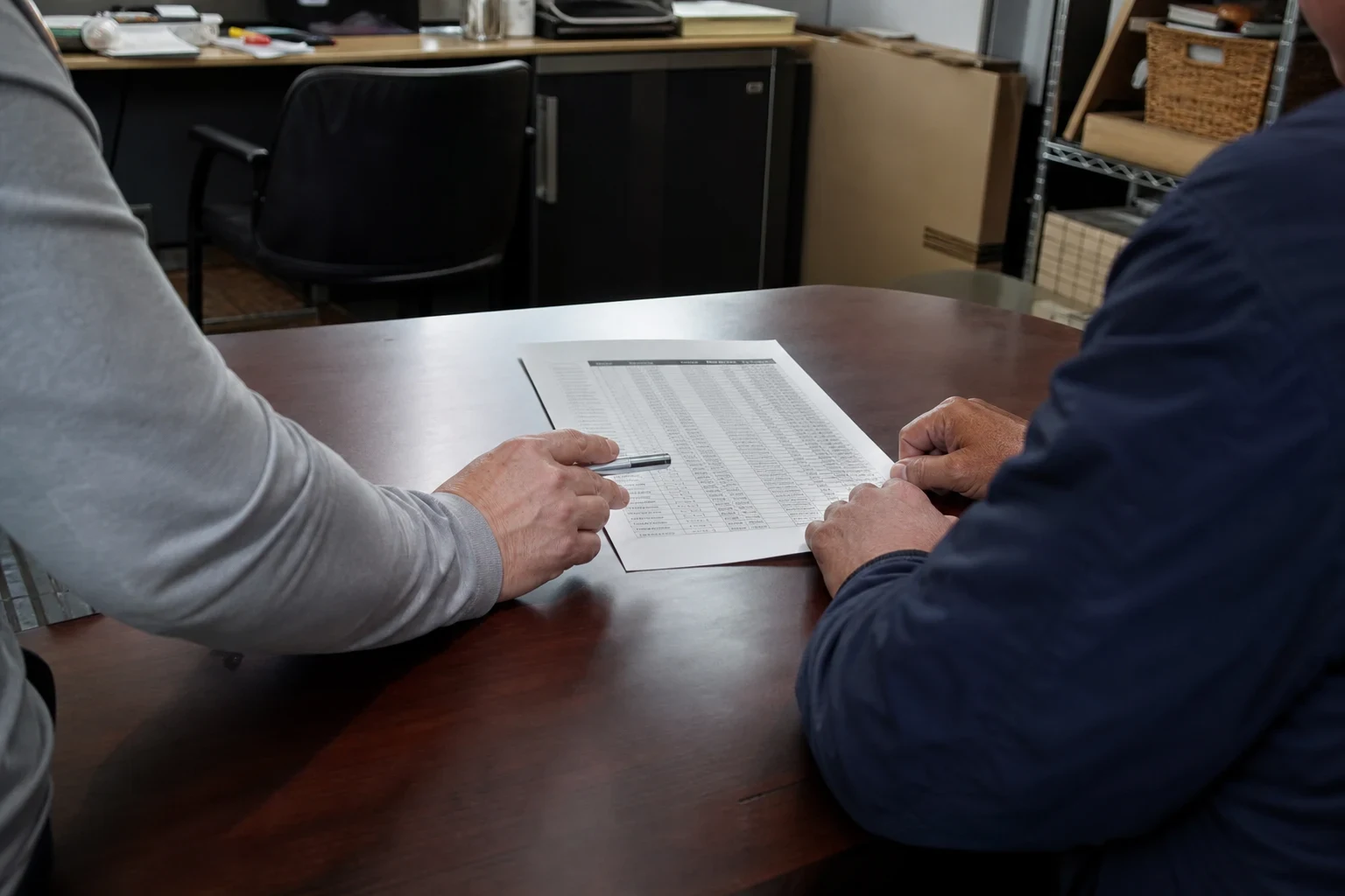 Two people at a dark wood conference table in a small office, one pointing a pen at a printed table of figures while the other holds the page